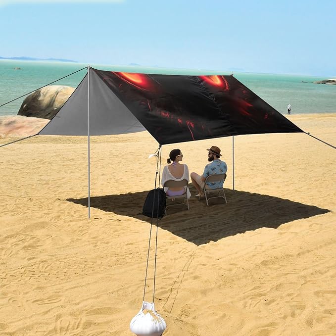 Dark Monster Eyes Beach Tent Sun Shelter 9.2' x 10.5' Beach Canopy with 4 Sandbags 4 Stability Poles Sand Shovels - Tent Canopy for Beach Camping Fishing Picnics