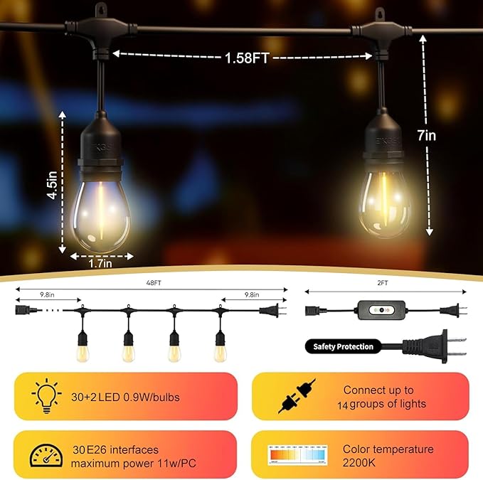 50FT Outdoor String Lights Waterproof with 30+2 Bulbs (1.5FT Bulbs Spacing) Remote &amp Dimmer Commercial Grade Patio Lights with 3 Mode Light &amp Timing100PC Ties for Outside