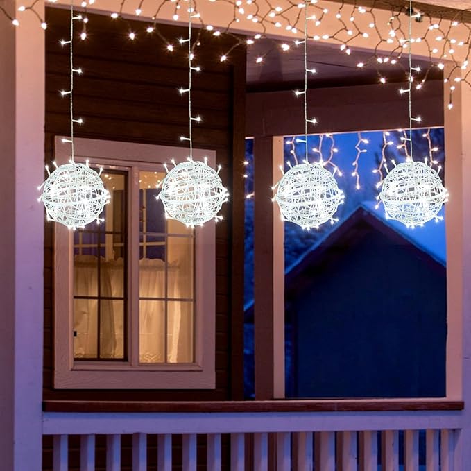 Outdoor Christmas Balls Lights 4 Pack Hanging 7.9 LED Garden Sphere Tree Lights 8 Modes Waterproof Glow Globe Light with Memory Timer Plug for Yard Porch Eave Patio Home Bedroom Decoration-Cool White