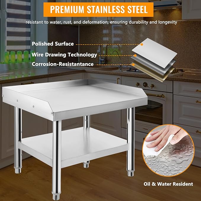 Stainless Steel 24x28x24 in Equipment Grill Stand Table 1000 LBS Top Shelf 220 LBS Bottom Shelf Adjustable Legs 2 in Edge Baffle for Hotel Home Commercial Restaurant Kitchen