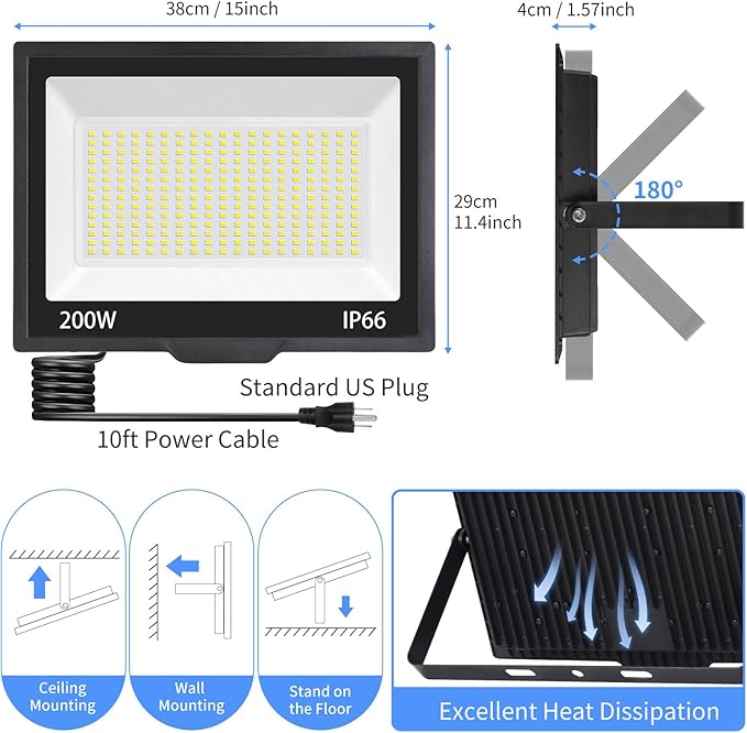 200W LED Flood Light Outdoor with Plug+10ft Wire 24000Lm Super Brighter Security Light IP66 Waterproof LED Worklight 5000K Daylight White Exterior Floodlight for Yard Garden Garage Stadium(2 Pack)