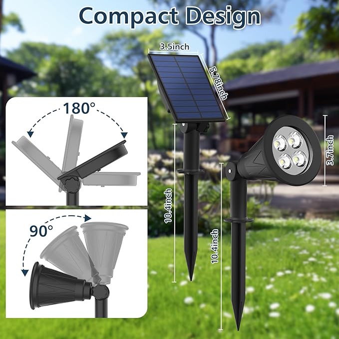 T-SUNUS Christmas Solar Powered LED Spot Light White 6000K Separated Panel with 9.8ft Cable IP65 Waterproof Spotlights Outdoor Landscape Garden Lights for Flag Patio Yard Driveway Halloween 2 Pack