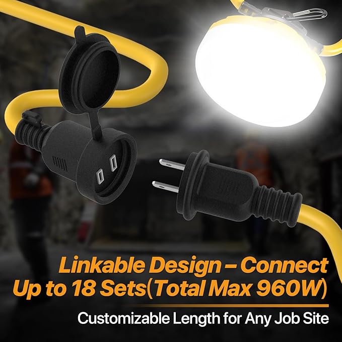 100FT LED Construction String Lights 10000LM 100W Linkable Work Lighting IP65 Waterproof ETL Listed 5000K Daylight RA&gt80 10-Head Temporary Light String for Job Site Tunnel Garage