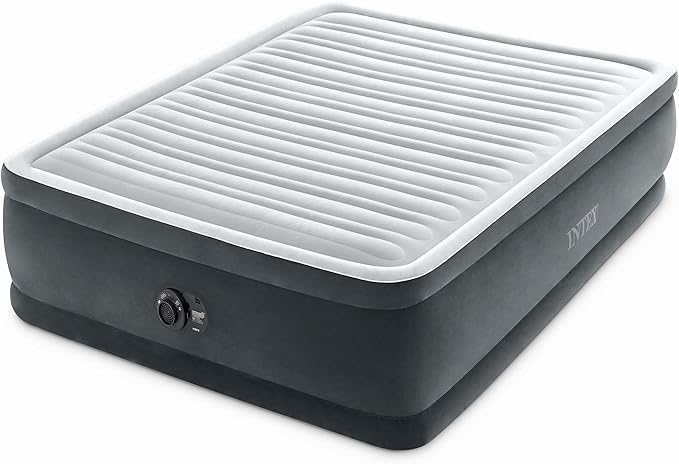 Intex Dura-Beam Deluxe Comfort-Plush Elevated: Fiber-Tech – Queen Size – Built-in Electric Pump – 18in Bed Height – 600lb Weight Capacity