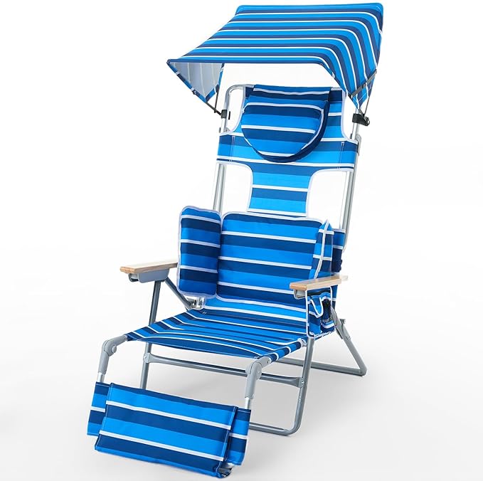 70'' Extra Long Beach Lounge Chair Tanning Chair with Canopy &amp Face Holes &amp Arm Holes &amp Storage Pocket Foldable Recliner with Carry Strap (1 Navy Stripe)