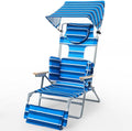 70'' Extra Long Beach Lounge Chair Tanning Chair with Canopy &amp Face Holes &amp Arm Holes &amp Storage Pocket Foldable Recliner with Carry Strap (1 Navy Stripe)