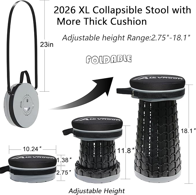 ALEVMOOM XXL 18.1 Telescoping Stool with Thick Cushion Portable Telescoping More Sturdy Capacity 880IbCollapsible Retractable Adjustable Folding Stool for Garden Hiking Fishing BBQ