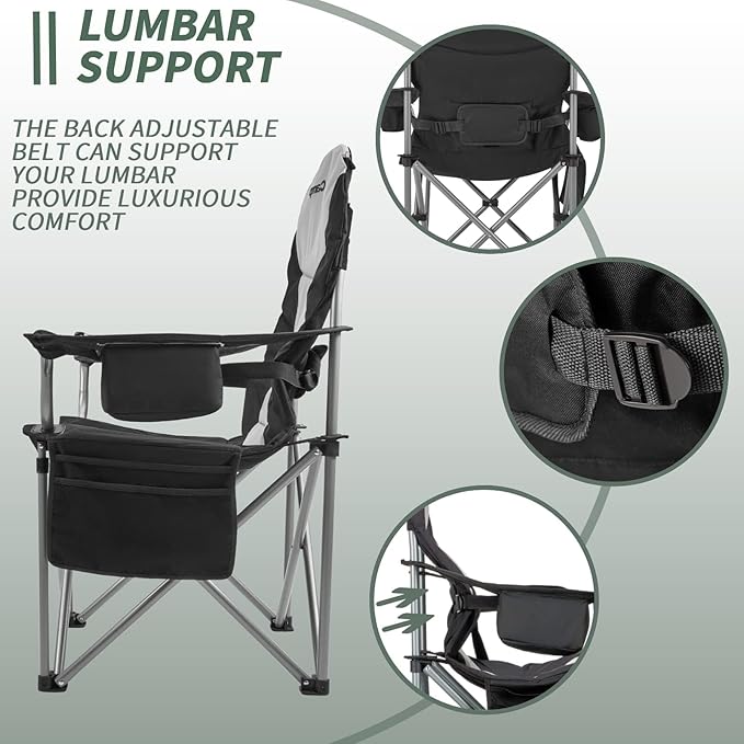 KingCamp Oversized Camping Folding Chair with Lumbar Support Heavy Duty Ergonomic Padded Arm Chair with Cooler Bag Cup Holder Portable for Outdoor