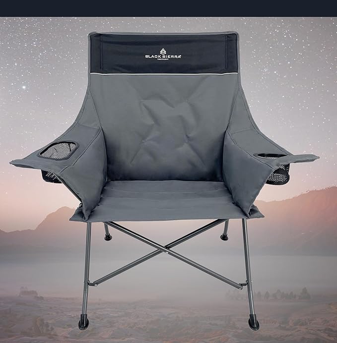 Black Sierra Camping Chair – XL Outdoor Foldable Seat Padded Tension Heavy-Duty Steel Frame Supports 300 lbs – Portable Lightweight for Camping Sports Patio Events