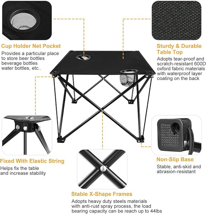 Foldable Camping Table Portable Beach Table Lightweight Picnic Table with Carry Bag Cup Holder Outdoor Travel Desk for Camping Hiking Picnics BBQs Beach Trips (Black)