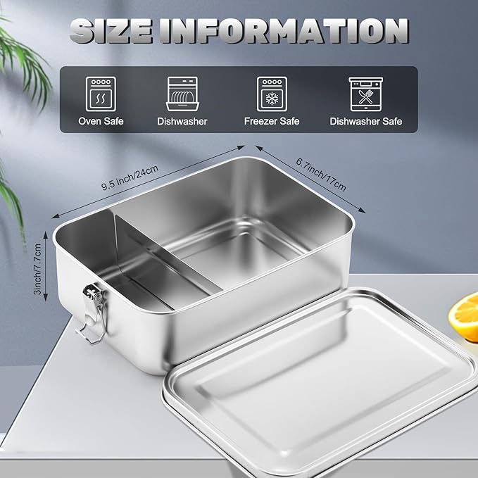 Umigy 1 Pcs Stainless Steel Food Containers 2400ml Metal Bento Lunch Box Stainless Steel Food Storage Containers Lockable Clips to Leak Proof Reusable Dishwasher Snack Boxes for Work