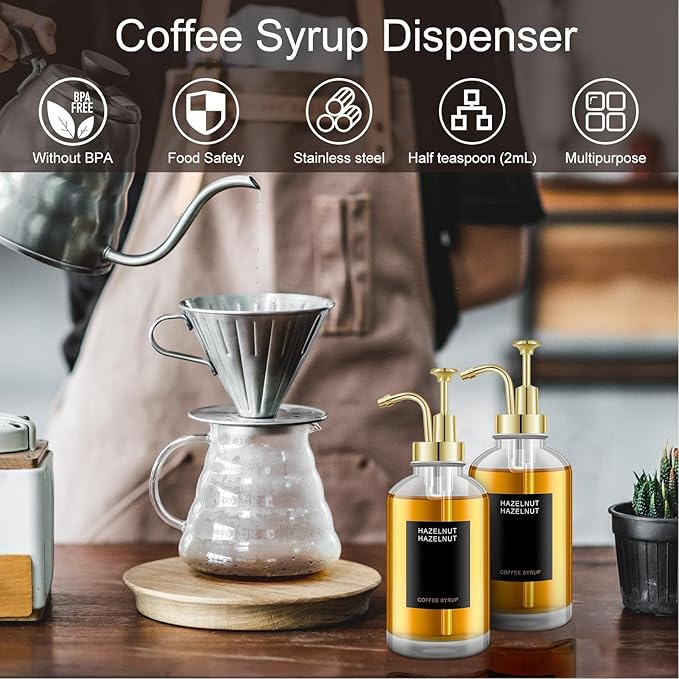 Kikumi Coffee Syrup Dispenser 2 x 500ml Glass Bottles with Stainless Steel Pump Dripless Design for Kitchen Olive Oil Bathroom Mouthwash Accessories