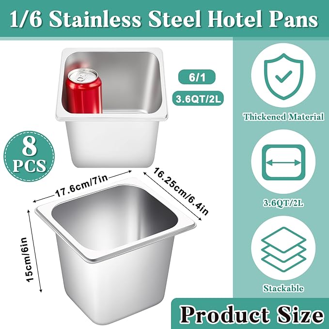 Jinei Steam Table Pan 1/6 Hotel Pan Stainless 201 Steel Size 6'' Deep Storage Catering Metal Commercial Food Pans for Kitchen Restaurant Buffet Party Supplies(8 Pcs)