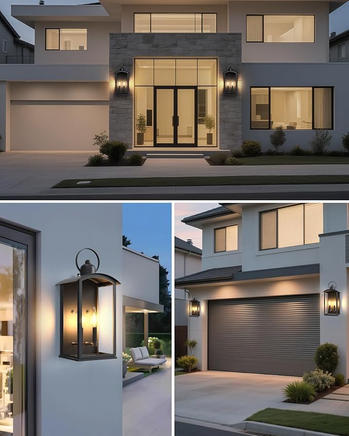 𝟏𝟗.𝟕-𝐈𝐍𝐂𝐇 Outdoor Wall Light Fixtures Dusk to Dawn Exterior Lanterns Waterproof Large Porch Sconces Wall Mounted Lighting Modern Matte Black Front Open Window Wall Lamps for Patio