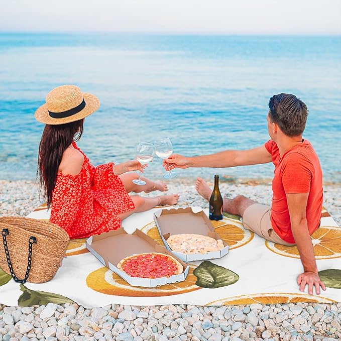Waterproof Sandproof Beach Blanket 59''×68'' Navel Orange Polyester Outdoor Picnic Blanket with 4 Stakes &amp Storage Bag for BeachCampingVacation White