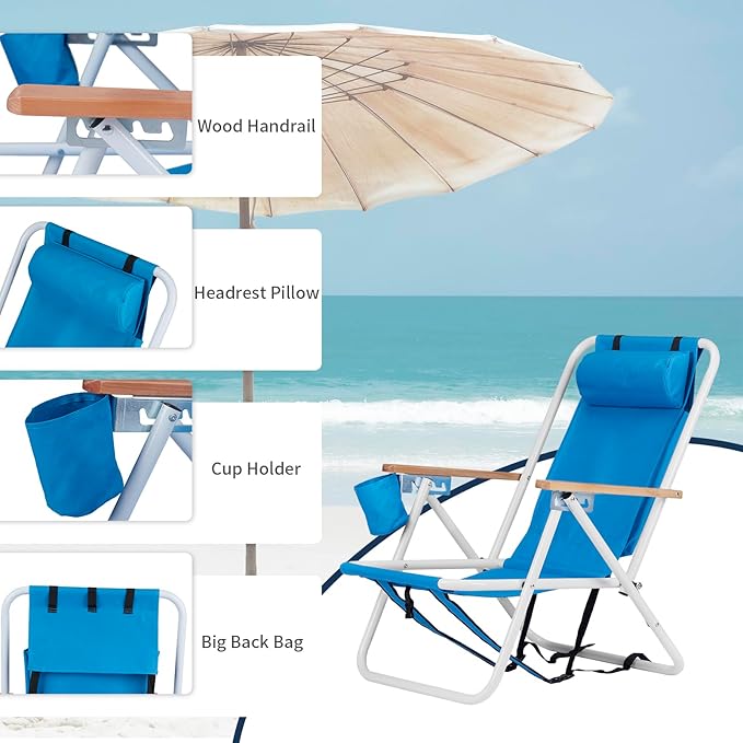 Outvita Folding Beach Chair Adjustable Headrest w/4 Flexible Tilt Angle Cup Holder Portable High Strength Cleanable Fabric for Sand Camping Lawn Concert Travel Festival
