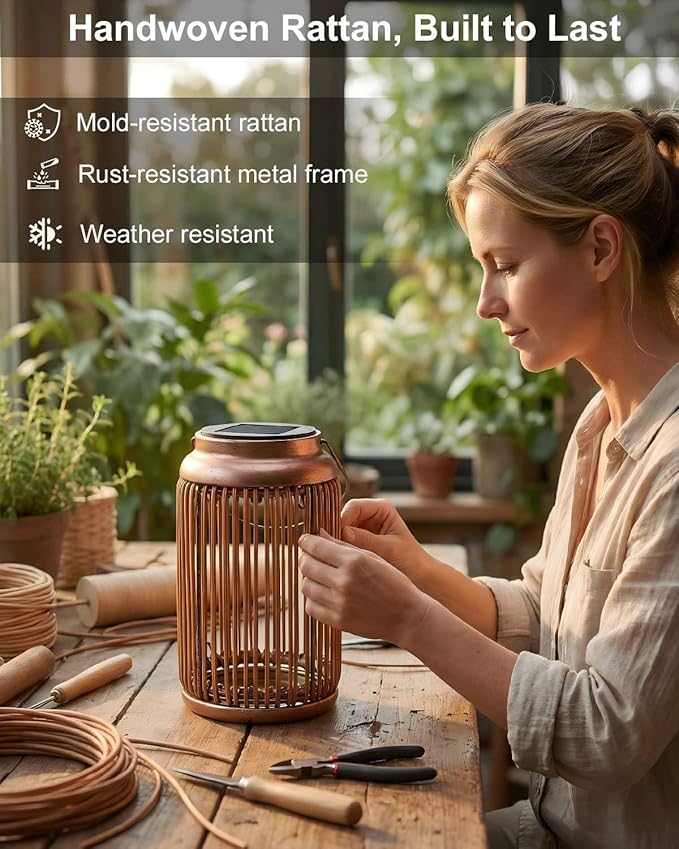 Solar Lanterns Outdoor Waterproof 2 Pack Hanging Rattan Solar Lights with Hummingbird Projection Garden Decor for Yard Patio Porch Gifts for Women Mom Grandma