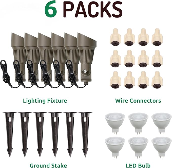 Lumina Lighting® 4W Landscape lighting 12V Landscape Lights Low Voltage Landscape Spotlights Warm White Waterproof Outdoor Replaceable LED Bulb for Garden Lawn Porch Patio and Yard (Bronze 6-Pack)