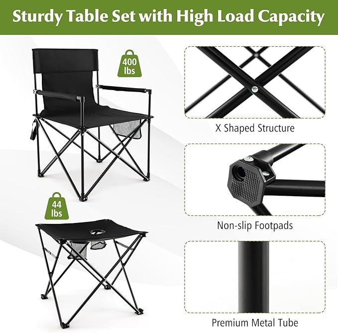 Tangkula 3 Piece Camping Chairs with Table Portable Folding Lawn Chair with Side Table Carrying Bag Side Storage Pocket 2 Cup Holders Outdoor Beach Chair Set for Backpacking Travel Camp