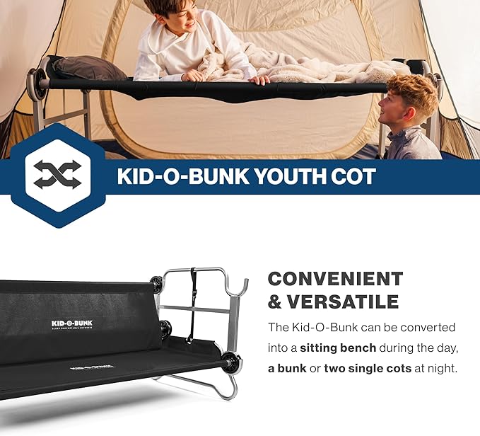Disc-O-Bed Youth Double Cot Kid-O-Bunk Modular for Bunk Beds Dual Cots or Bench with 2 Carry Bags for Portable Transport