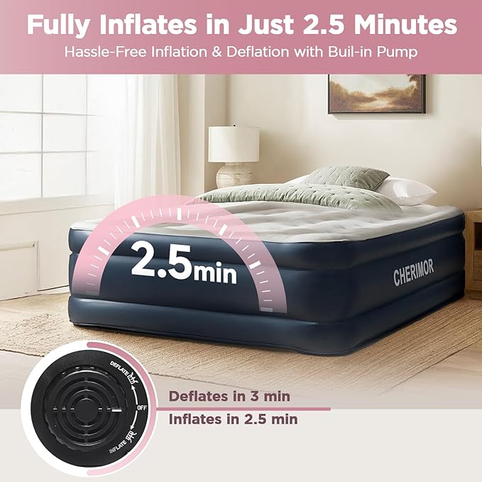 Air Mattress 18 Raised Full Size Self Inflatable Blow Up Mattress with Built in Pump Thick Comfort Air Bed with Carry Bag for Camping Guests &amp Home 600lb Capacity Colchon Inflable