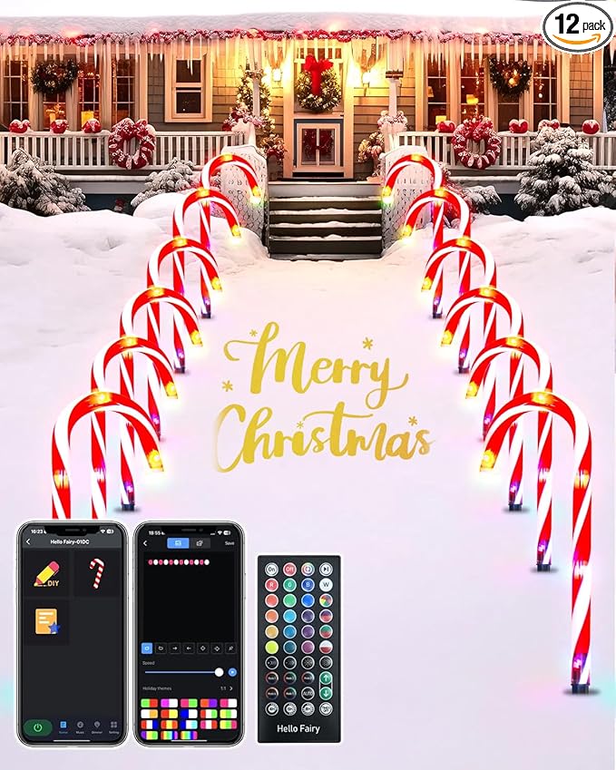 FREECUBE 12 Pack Smart Candy Cane Pathway Lights LED Candy Cane Lights with APP Control Dimming Timer DIY Color Changing Christmas Decoration for Yard Patio Walkway
