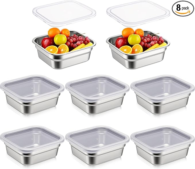 8 Pcs 1/6 Size Hotel Steam Table Pans with Lids Stainless Steel Food Containers and PP Plastic Covers Anti-clogging Steamer Pans for Buffet Catering Restaurant and Food Prep (2.5 Deep)