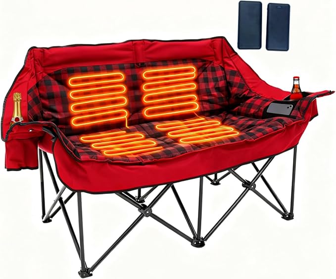Heated Double Camping Chair with 2 Battery Padded Camping Couch with 3 Heat Levels and 4 Heating Zones Oversized Camp Loveseat Support 800lbs for Soccer Games Tailgating RV Travel Beach Days