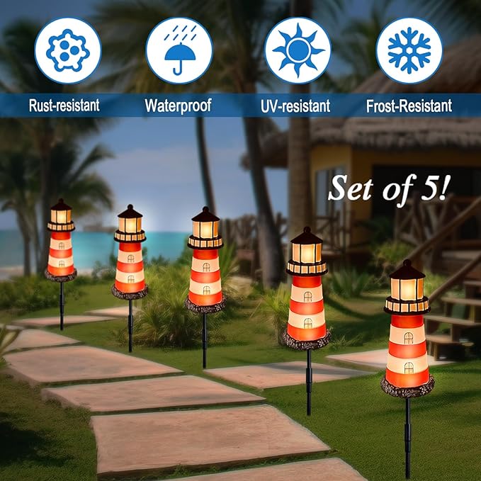 5 Pack Lighthouse GiftsHokfirm Solar Garden Lights Outdoor Garden Stake IP65 Solar String Lights Outdoor Waterproof (Red)