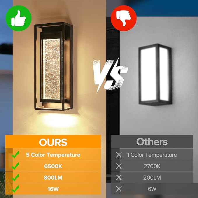 LUTEC 2 Pack Outdoor Wall Light Fixtures 5 Color Temperature Porch Light Wall Sconce with Crystal Bubble GlassWaterproof Outdoor Wall Lanterns Modern Outside Lights for House Front Door Garage