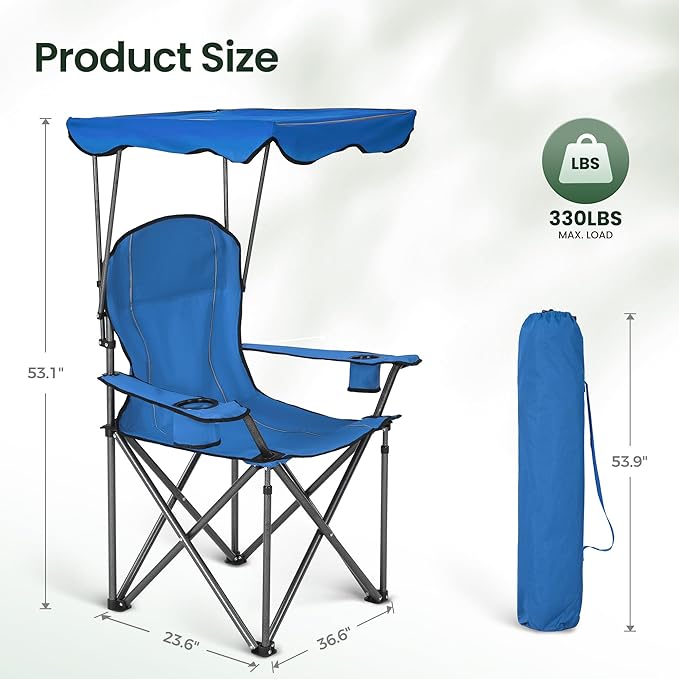 HIGH POINT SPORTS Camping Chairs with Shade Foldable Canopy Chair Folding Camping Shade Chair for Outdoor Camping Patio Support 350 LBS Blue
