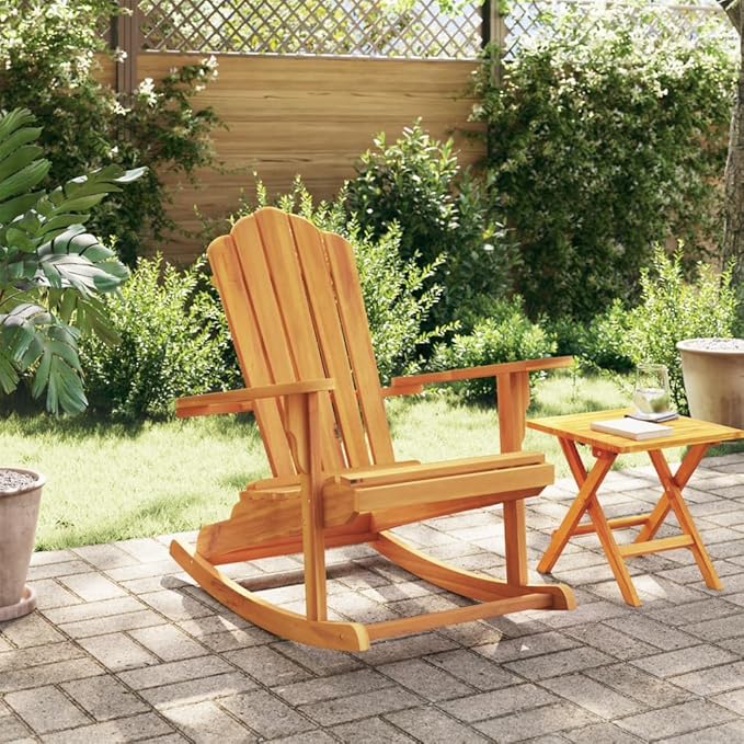 Garden Rocking Adirondack Chair Solid Teak Wood Outdoor Patio Lounge Seating Oiled Finish Medium Size Comfortable High Back 286lb Capacity for Yard Deck Balcony