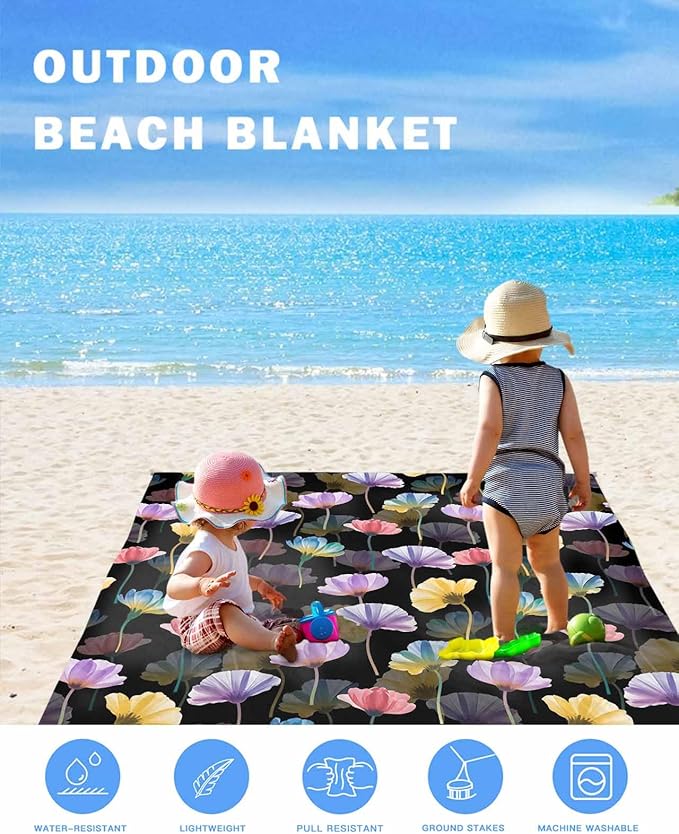 Beach Blanket Waterproof Sandproof Spring Watercolors Flowers Quick Drying Beach Mat with 4 Stakes Fields Floral Art Lightweight Picnic Blanket for Travel Camping Outdoor 83x79