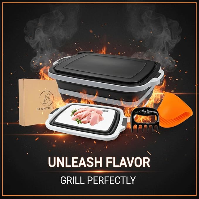BBQ Prep Tub | Meat Prep Tub with Locking Lid 2 Meat Shredder Claws &amp BBQ Mitts Collapsible with Cutting Board Drain Plug Portable for Camping &amp Grill Design PicnicMarinating MeatVersatile