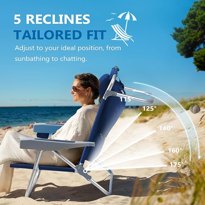 5-Position Aluminum Lay Flat Backpack Beach Chair Compact Portable Low Beach Chairs for Adults with Cooler Pouch Storage Pouch Towel Bar Cup Holder &amp Phone Holder Navy