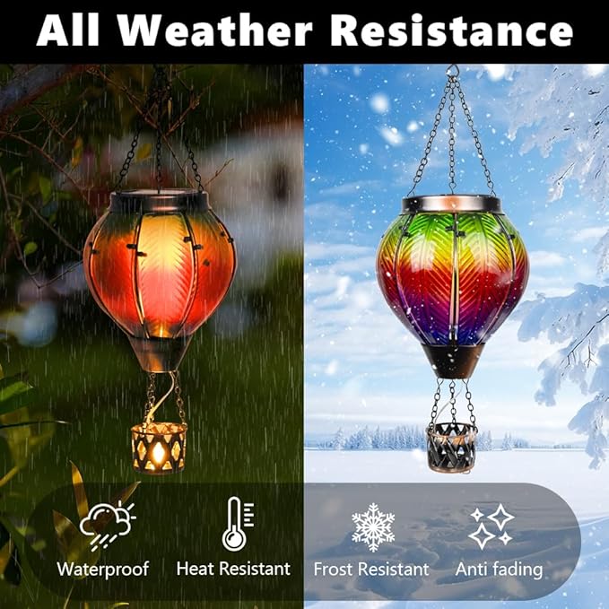 Colorful Solar Hot Air Balloon Lantern with Flame Flickering LED Glass Hanging Solar Lanterns Outdoor Waterproof Hot Air Balloon Lights for Patio Yard Garden DecorMother Day Gifts for Women
