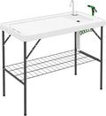 Outsunny Folding Fish Cleaning Table Portable Camping Sink Station with Faucet Drainage Hose Sprayer Grid Rack and Knife Groove Outdoor Fillet Table for Picnic Beach Patio White