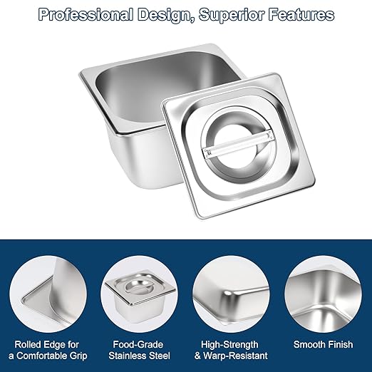 6 Pack 1/6 Size Hotel Pans 4 Inch Deep with Lids Stainless Steel Steam Table Pan with Lids Commercial Food Pans for Hotel Home Restaurant Catering Buffet Pan
