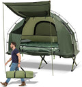 GYMAX Tent Cot 5-in-1 Folding Camping Cot with Mattress &amp Pillows Sleeping Bags Sunshade Camping Tent Elevated with Carrying Bag for Outdoor Hiking Fishing Picnic