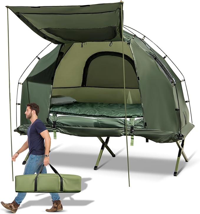GYMAX Tent Cot 5-in-1 Folding Camping Cot with Mattress &amp Pillows Sleeping Bags Sunshade Camping Tent Elevated with Carrying Bag for Outdoor Hiking Fishing Picnic
