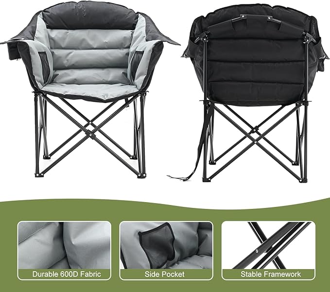 Slsy Oversized Camping Chair Portable Camp Chair Folding Chaise Lounge Chair Heavy Duty Foldable Moon Chair for Lawn Outdoor Picnic Lounge Patio(Black Gray)
