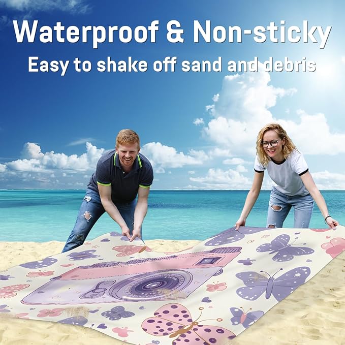 Waterproof Sandproof Beach Blanket 59''×68'' Camera Polyester Outdoor Picnic Blanket with 4 Stakes &amp Storage Bag for BeachCampingVacation Butterflies