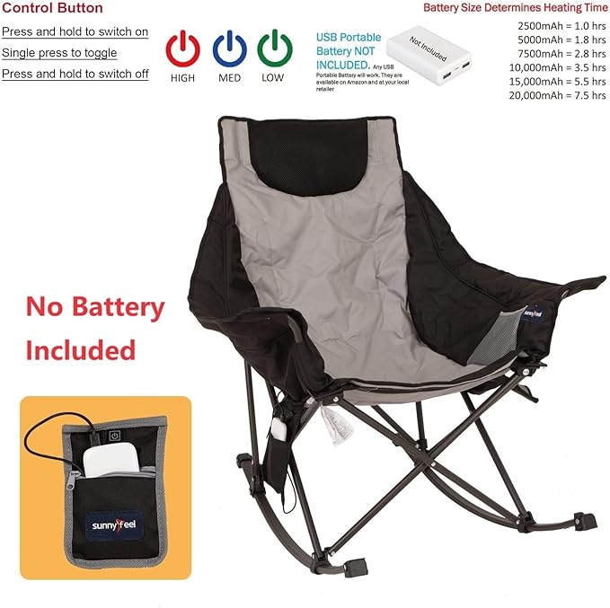 SUNNYFEEL Oversized Heated Rocking Camping Chair 2 Pack Fully Padded Patio Chair with Side Pocket High Back Portable Lawn Recliner with Carry Bag Outdoor Rocker Chair for Adults Heavy Duty 500 LBS