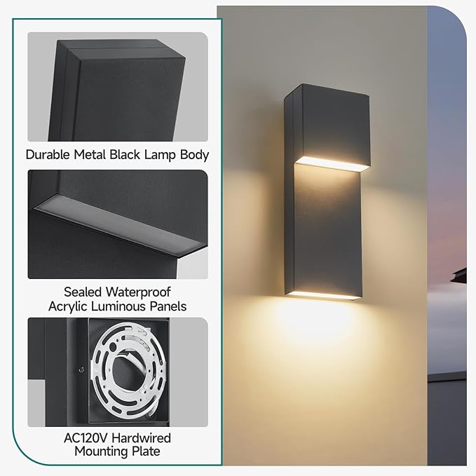 2 Pack Modern LED Outdoor Wall Sconce 15 20W 3000K 1600Lumen Outdoor Light Fixtures Wall Mount Anti-Rust Outside Lights Black Finish Outdoor Lights for House Porch Patio Garage