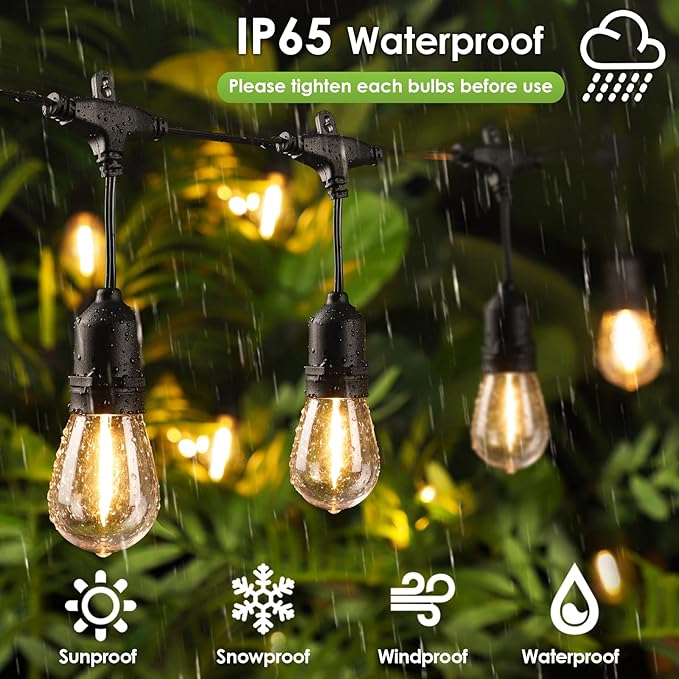 96FT(2 * 48FT) Outdoor String Lights with Remote Dimmable Patio Lights with 30+4 Bulbs 3 Modes 4 Level Timers for Balcony Porch Black 2 Pack