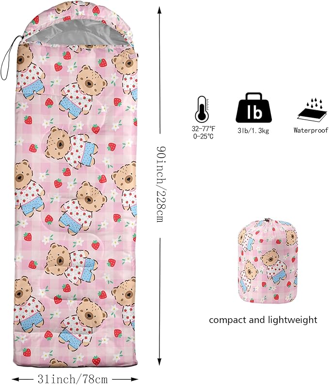 Cute Bear Sleeping Bag for Girls KidsKawaii Milk Tea Waterproof Portable Camping Bag3 Season Warm Cool Weather Lightweight Compact Camping Essentials Gear for Travelling Hiking Yellow