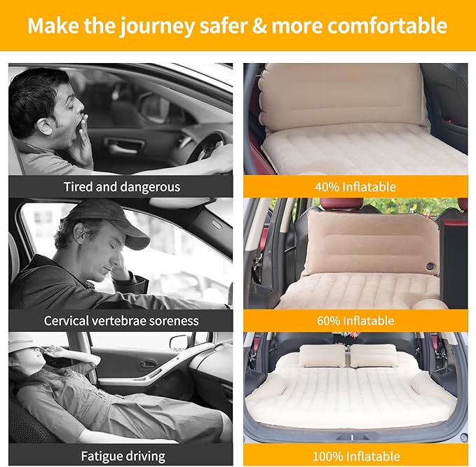 KMZ SUV Air Mattress Thickened and Double-Sided Flocking Travel Camping Bed with 2 Pillows &amp Electric Pump Dedicated Mobile Cushion Inflatable Bed for SUV Trunk and Rear Seat (Beige and Coffee)
