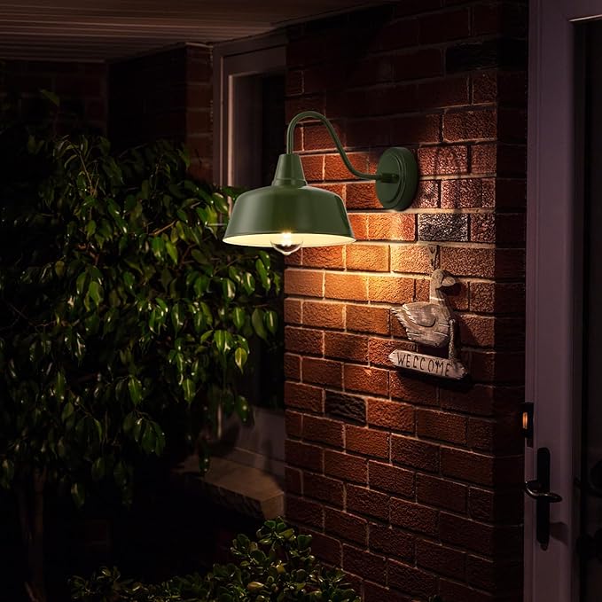 10-Inch Olive Green Gooseneck Barn Lights (2-Pack) - Rustic Outdoor Wall Sconces for Farmhouse Porch &amp Garage Weather-Resistant Metal Exterior Light Fixture with Dome Shade