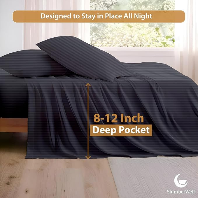 SlumberWell Olympic Queen Sheet Set 4 Piece Luxury Soft Microfiber RV Camper Bedding 8 to 12 Inch Deep Pocket Sheets Fits 66x80 Mattress Dark Grey Stripe