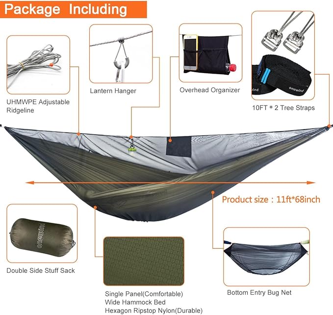 onewind 11ft Camping Hammock with Bugnet Portable Double Hammock with Mosquito Net Backpacking Hammock with Net Adjustable Ridgeline Tree Straps for Outdoor Hiking Backpacking OD Green